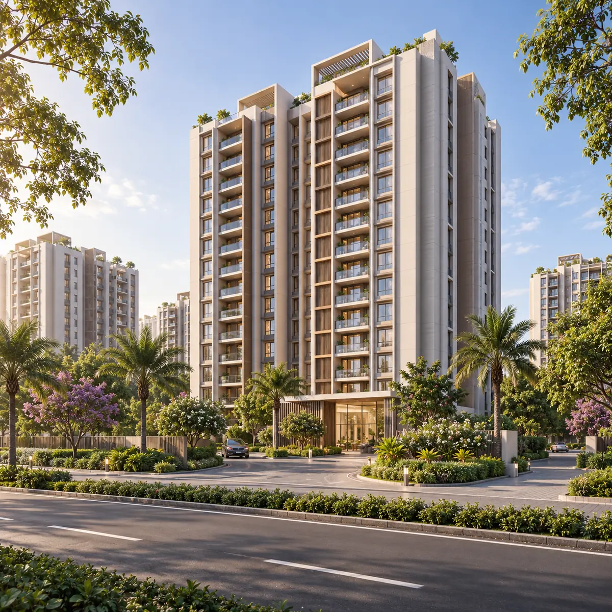 DivyaSree Shettigere indicative street elevation of a residential block at ground plus thirteen upper floors