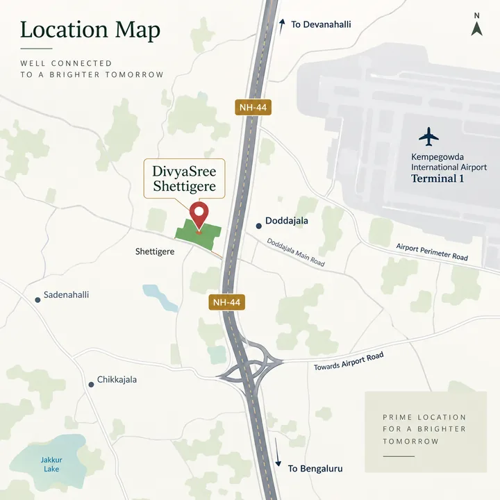 DivyaSree Shettigere location map showing NH-44, Doddajala and Kempegowda International Airport Terminal 1 DivyaSree Shettigere location map showing NH-44, Doddajala and Kempegowda International Airport Terminal 1